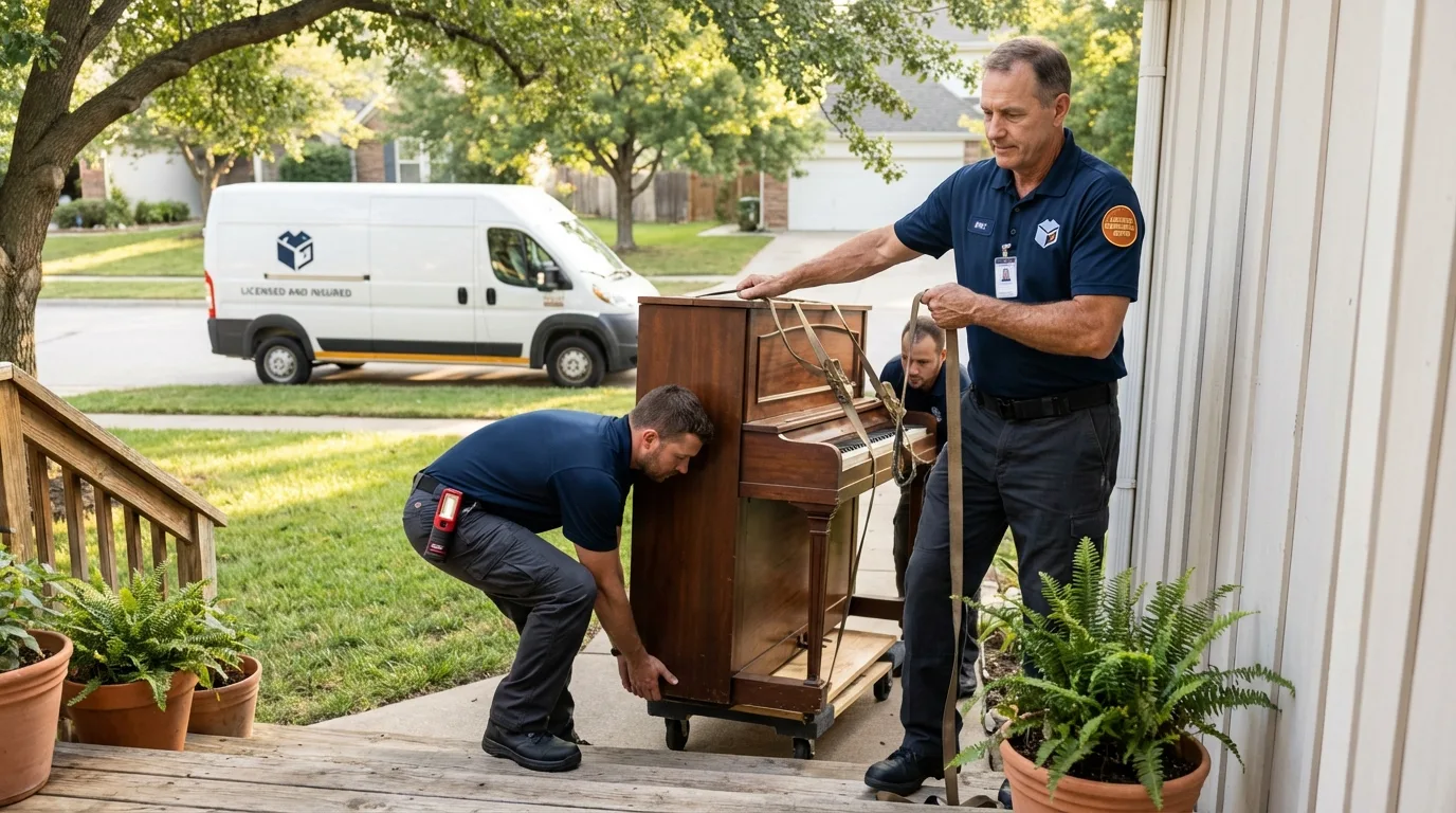 Licensed piano movers securing grand piano in East Hampton, CT